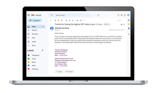Sales result email on laptop